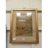 A framed and glazed water colour of a wo