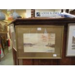 A framed and glazed water colour of boat