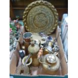 A tray of assorted brass and silver plat