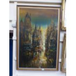 A framed oil on board of city street sce