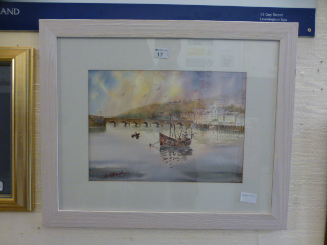 A framed and glazed water colour a bridg