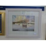 A framed and glazed water colour a bridg