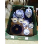 A tray of blue and white tableware etc.