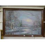 An oil on canvas of winter river scene s