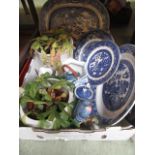 A tray of planters, blue and white ceram