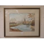 A framed and glazed watercolour of river
