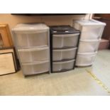 Three PVC three drawer storage cabinets