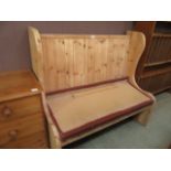 A waxed pine high back bench, seat for s