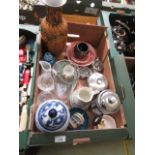 A tray of assorted ceramic and metalware