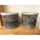 A pair of blue glazed garden pots