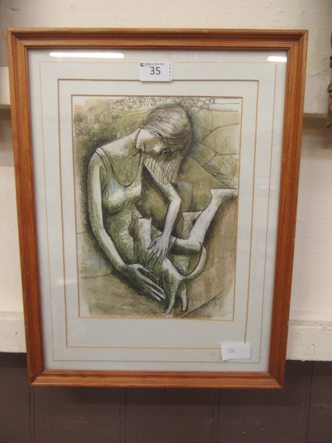 A framed and glazed pen and wash of a yo