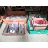 Three boxes of hinges, latches etc.