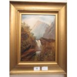 A framed oil on board of a mountain wate