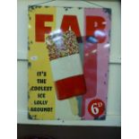 A large metal sign 'Fab'