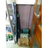 A selection of fishing rods, bags, seat