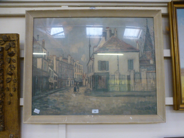 A framed and glazed print of street scen