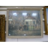 A framed and glazed print of street scen