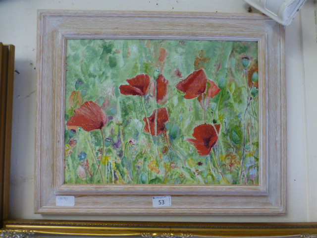 An oil on canvas of poppies initialled b