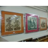 Three framed and glazed Thai silk prints
