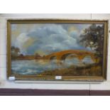 An oil on board of bridge over river sce