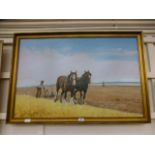 A framed oil on board of heavy horses pl