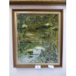 A framed oil on canvas of pond scene