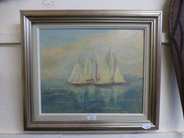 A framed oil on canvas of sailing boats