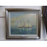 A framed oil on canvas of sailing boats