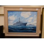 A framed oil on canvas of HMS Kingfisher