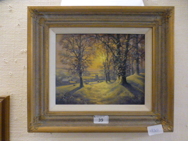 A framed and glazed oil on board titled