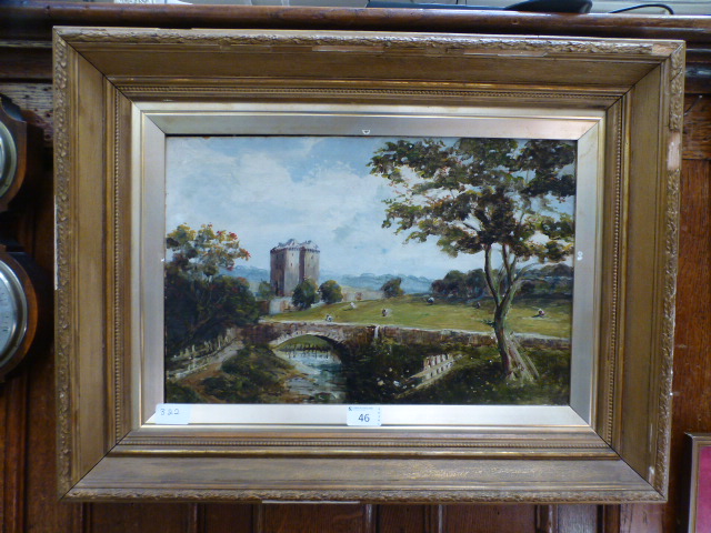 A framed oil on board of countryside sce