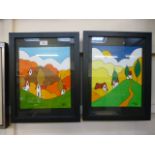 A pair of framed and glazed abstract cou