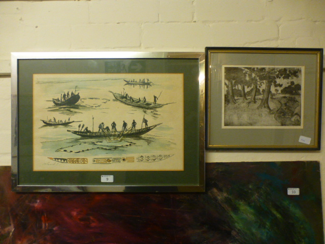 A framed and glazed etching of river thr