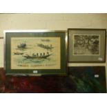 A framed and glazed etching of river thr