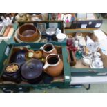 Three trays to include terra cotta jugs,