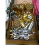 A tray containing brass ware, flatware e