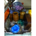 A tray containing vases, plaques, storag