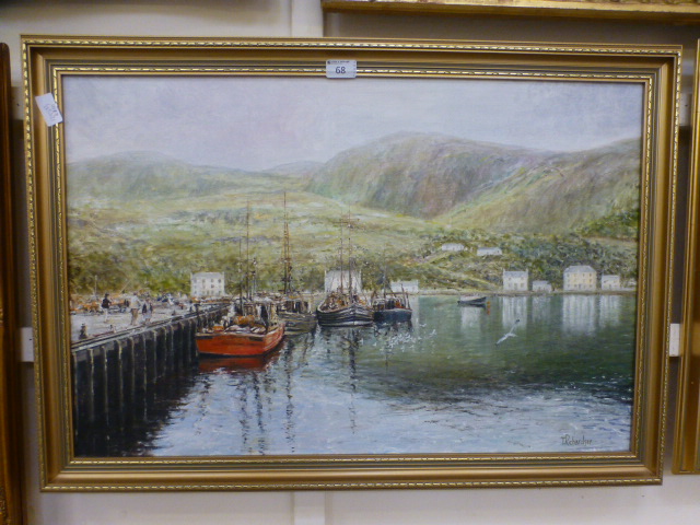 A gilt framed oil on canvas of fishing h