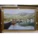 A gilt framed oil on canvas of fishing h