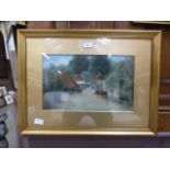 A framed and glazed oil painting of catt