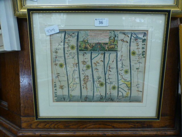 A framed and glazed ribbon map, the road