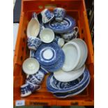 A tray of blue and white tableware