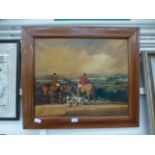 A framed oil on canvas of hunting scene