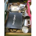 A tray of plated and pewter ware to incl