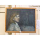 A framed oil on board of lady looking as