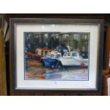 A framed and glazed watercolour of boats