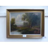 A gilt framed oil on canvass of lady wal