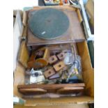 A tray containing a wind up gramophone,