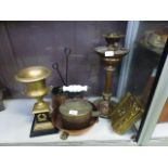 A selection of brass and copper ware to