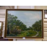 A modern framed oil on board of countrys